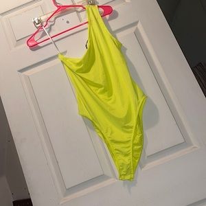 neon yellow off the shoulder body suit